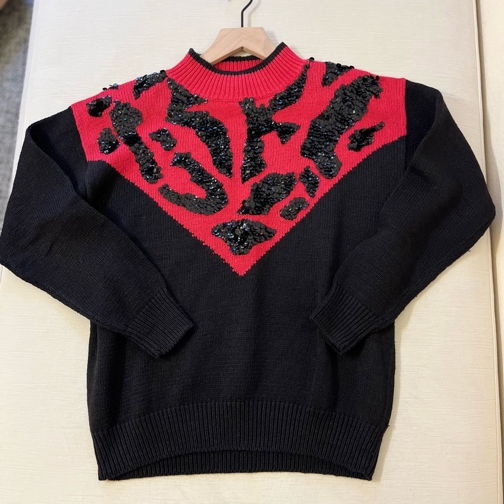 Vintage Sequin Leopard Colorblock Sweater Black Red 80s Glam Statement Knit Top